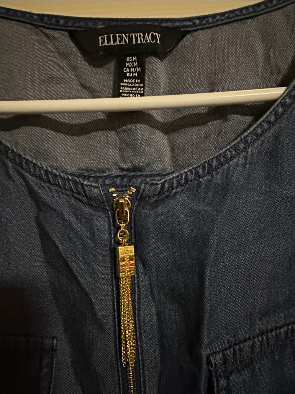 Ellen Tracy Navy Denim Zip-Front Top with Gold Tassel